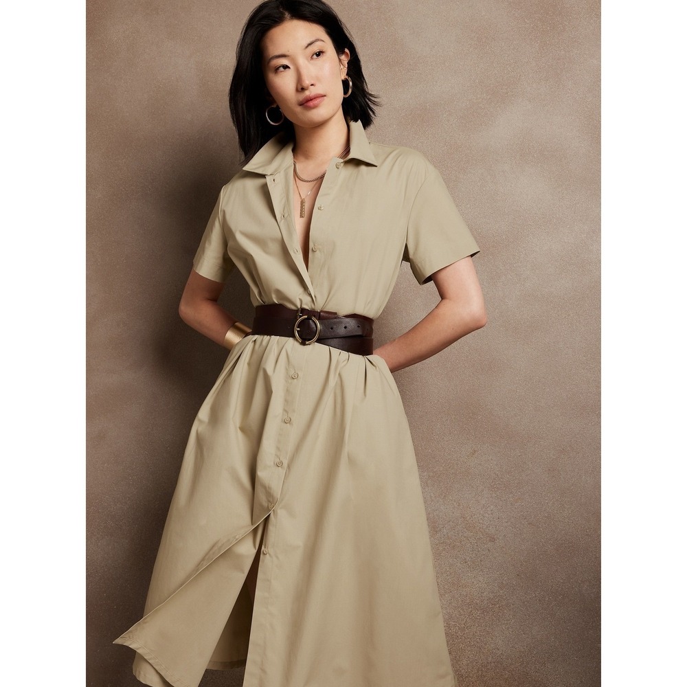 Banana Republic Midi Shirt Dress Women L Collared Button Front‎ Khaki Minimal